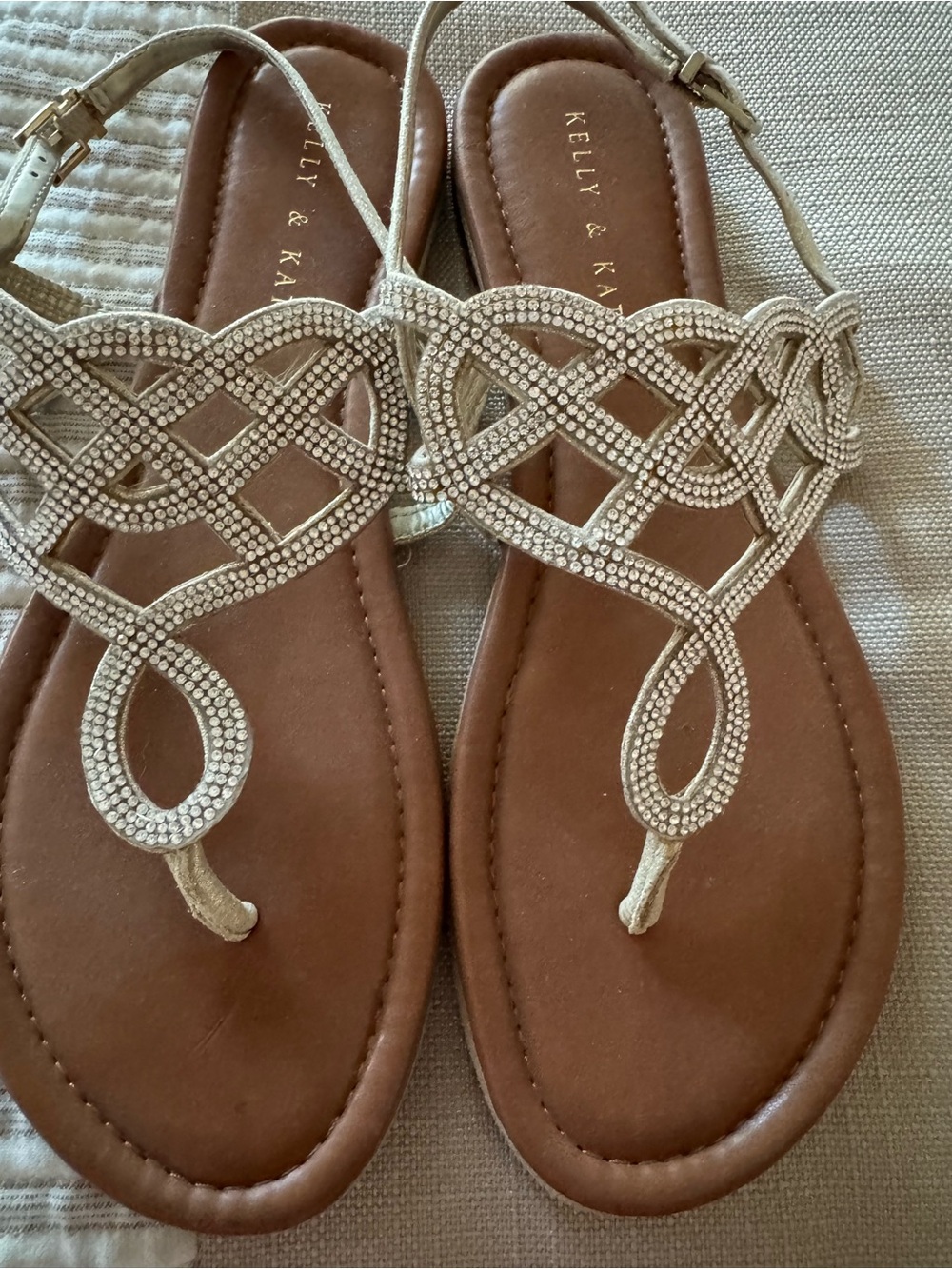 Kelly & Katie Rhinestone Tan and Gold Braided T-Strap Sandals